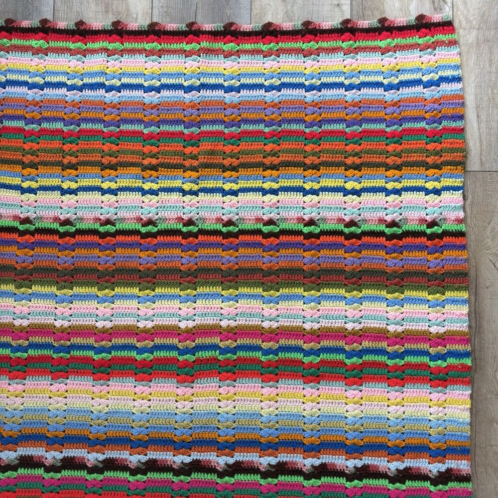 Vtg Handmade Crochet Lap Blanket Afghan Throw 51”x62” Multicolor Stripe Rainbow - Picture 5 of 10